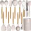 Silicone Cooking Utensils Set - 446°F Heat Resistant Silicone Kitchen Utensils for Cooking,Kitchen Utensil Spatula Set w Wooden Handles and Holder, BPA FREE Gadgets for Non-Stick Cookware (Khaki)