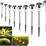 Solar Garden Lights, 10 Pack Waterproof Landscape Pathway Walkway Lights Stainless Steel LED Outdoor Solar Lights (Warm White)