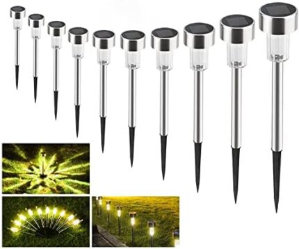 Solar Garden Lights, 10 Pack Waterproof Landscape Pathway Walkway Lights Stainless Steel LED Outdoor Solar Lights (Warm White)