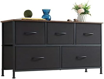 Somdot Dresser for Bedroom with 5 Drawers, Wide Storage Chest of Drawers with Removable Fabric Bins for Closet Bedside Nursery Living Room Laundry Entryway Hallway, Black