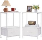 Somdot Nightstand Set of 2, 24.6'' Height Bedside Table End Table for Bedroom Nursery Living Room - Removable Fabric Drawer, Open Storage Shelf, Sturdy Steel Frame, Durable Wood Top - White Leather