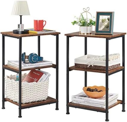 Somdot Side Table Set of 2, 3 Tier End Table with Storage Shelf for Sofa Couch, Nightstand Bedside Table for Living Room Bedroom, Easy Assembly - Rustic Brown/Black