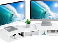 TEAMIX White Dual Monitor Stand Riser with Drawer - Length and Angle Adjustable Double Monitor Riser Corner Desk Shelf Organizer 37 inch Long Monitor Riser for 2 Monitors/Laptop/PC/Screen/TV