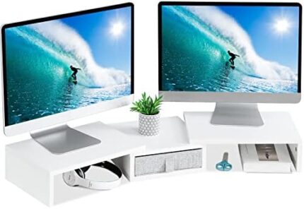 TEAMIX White Dual Monitor Stand Riser with Drawer - Length and Angle Adjustable Double Monitor Riser Corner Desk Shelf Organizer 37 inch Long Monitor Riser for 2 Monitors/Laptop/PC/Screen/TV