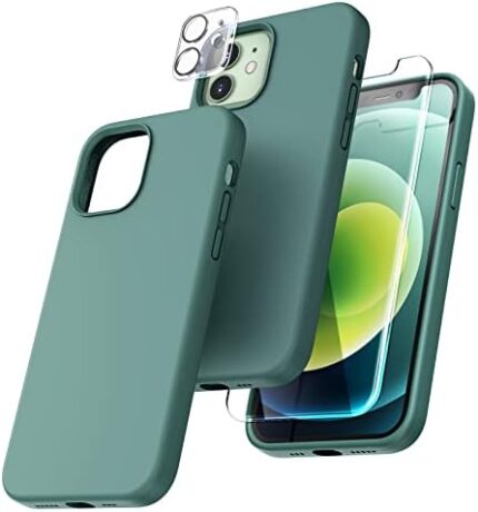 TOCOL [5 in 1] Designed for iPhone 12 Case & iPhone 12 Pro Case, with 2 Pack Screen Protector + 2 Pack Camera Lens Protector, Silicone Shockproof Cover [Anti-Scratch] [Drop Protection],Midnight Green