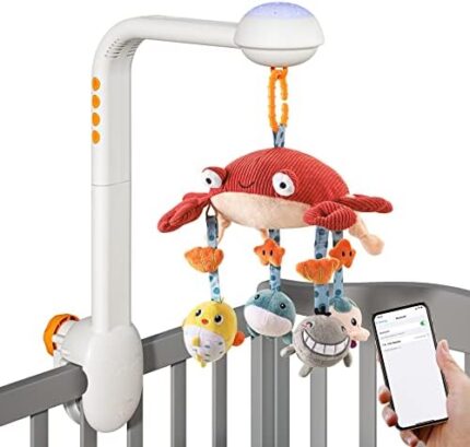 TUMAMA Baby Crib Mobile, Crib Toys with Projection Night Light, Music and White Noise, Soft Plush Mirror Hanging Toys,Mute Spin Motor Nursery Toys for Infant 0 3 6 9 Month Newborn Xmas Gift