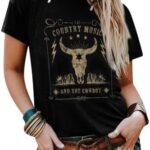 UNIQUEONE Cow Skull Shirts Women Vintage Country Music Rodeo Shirt Western Graphic Tees Casual Short Sleeve Cowgirl Tops