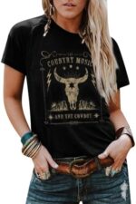 UNIQUEONE Cow Skull Shirts Women Vintage Country Music Rodeo Shirt Western Graphic Tees Casual Short Sleeve Cowgirl Tops