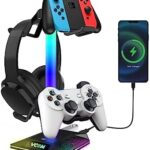 V RGB Gaming Headphones Stand with 2 USB Ports， Headset Stand with 10 Light Modes and Non-Slip Rubber, Suitable for All Earphone Accessories, Best Gift for Husband, Kids, Boyfriend