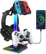 V RGB Gaming Headphones Stand with 2 USB Ports， Headset Stand with 10 Light Modes and Non-Slip Rubber, Suitable for All Earphone Accessories, Best Gift for Husband, Kids, Boyfriend