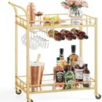 VASAGLE Bar Cart Gold, Home Bar Serving Cart, Wine Cart with 2 Mirrored Shelves, Wine Holders, Glass Holders, for Kitchen, Dining Room, Gold ULRC092A62