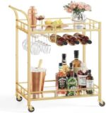 VASAGLE Bar Cart Gold, Home Bar Serving Cart, Wine Cart with 2 Mirrored Shelves, Wine Holders, Glass Holders, for Kitchen, Dining Room, Gold ULRC092A62