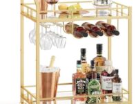 VASAGLE Bar Cart Gold, Home Bar Serving Cart, Wine Cart with 2 Mirrored Shelves, Wine Holders, Glass Holders, for Kitchen, Dining Room, Gold ULRC092A62