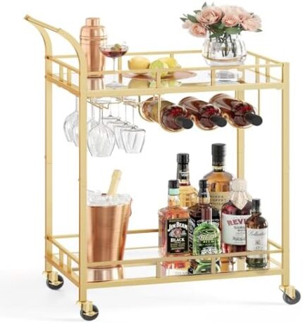 VASAGLE Bar Cart Gold, Home Bar Serving Cart, Wine Cart with 2 Mirrored Shelves, Wine Holders, Glass Holders, for Kitchen, Dining Room, Gold ULRC092A62