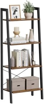 VASAGLE Ladder Shelf, 4-Tier Bookshelf, Storage Rack, Bookcase with Steel Frame, Rustic Brown and Black ULLS44X