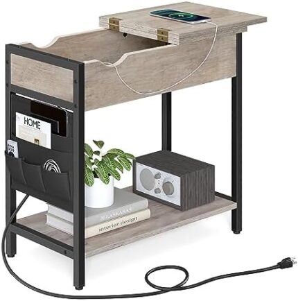 VASAGLE Side Table with Storage, End Table with USB Ports and Outlets, Nightstand with Charging Station, Fabric Bags, for Living Room, Bedroom, Greige and Black ULET310B02