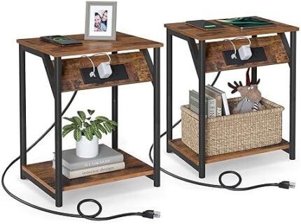 VASAGLE Side Tables with Charging Station, Set of 2 End Tables with USB Ports and Outlets, Rustic Brown and Black ULET372B01