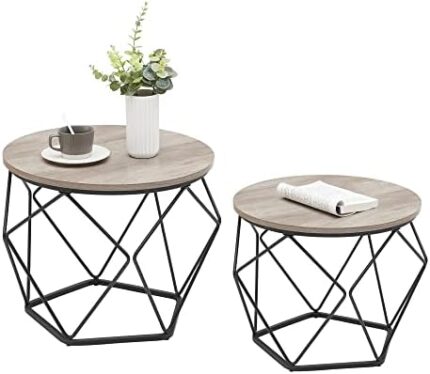 VASAGLE Small Coffee Table Set of 2, Round Coffee Table with Steel Frame, Side End Table for Living Room, Bedroom, Office, Greige and Ink Black ULET040B02V1