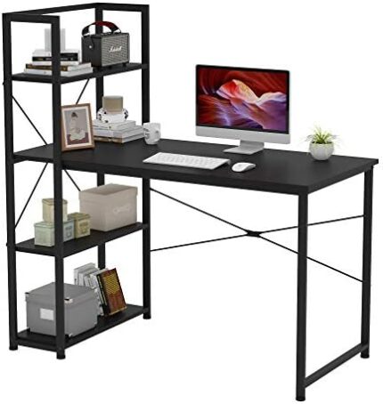 VERMESS Computer Desk with 4 Tiers Shelves, 39 Inch Sturdy Table with Reversible Bookshelf for Home Office, Study Tower Desk for Small Space, Industrial Modern Style, Black