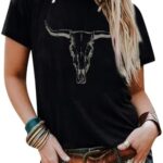 VILOVE Cowgirl Shirts for Women Boho Cow Skull Shirt Vintage Western Rodeo Graphic Tee Short Sleeve Bull Skull Top