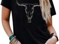 VILOVE Cowgirl Shirts for Women Boho Cow Skull Shirt Vintage Western Rodeo Graphic Tee Short Sleeve Bull Skull Top