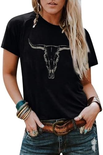 VILOVE Cowgirl Shirts for Women Boho Cow Skull Shirt Vintage Western Rodeo Graphic Tee Short Sleeve Bull Skull Top