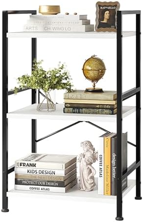 Vermess Bookshelf, 3 Tier Industrial Bookcase, Metal Small Bookcase, Rustic Etagere Book Shelf Storage Organizer for Living Room, Bedroom, and Home Office, White