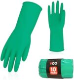 Vgo 10Pairs Reusable Household Cleaning Gloves,Rubber Dishwashing gloves,Extra Thickness,Long Sleeves,Kitchen Cleaning/Working/Painting/Gardening/Pet Care(L,Green,HH4601)