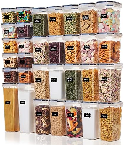 Vtopmart 32pcs Food Storage Container Set, Kitchen & Pantry Organizers and Storage, BPA-Free Plastic Airtight Food Storage Container with Lids for Cereal, Flour and Sugar, Includes 32 Labels (Black)