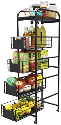 WHIFEA 5 Tier Metal Storage Shelving Unit with Wheels,Slim Rolling Cart with Drawers, Corner Storage Shelf Organizer for Kitchen, Bedroom, Bathroom