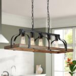 WUZUPS 5-Light Metal Chandelier Imitation Light Wood Grain Linear Pendant Ceiling Lighting Rustic Farmhouse Fixture Kitchen Island Dining Room, H 8.5" L 31.5" W10", E26 Base, Black & Retro Wood