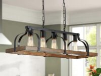 WUZUPS 5-Light Metal Chandelier Imitation Light Wood Grain Linear Pendant Ceiling Lighting Rustic Farmhouse Fixture Kitchen Island Dining Room, H 8.5" L 31.5" W10", E26 Base, Black & Retro Wood