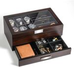 Watch Box Organizer Wooden Men Jewelry Display Case Holder with Drawer for Men Accessory Storage, Real Glass Top,Christmas Gift for Men