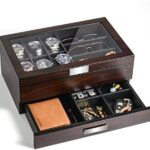 Watch Box Organizer Wooden Men Jewelry Display Case Holder with Drawer for Men Accessory Storage, Real Glass Top,Christmas Gift for Men