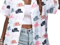 Western Button Down Shirt Women: Cowgirl Short Sleeve Boho Tops Hawaiian Tropical Graphic Tees Summer Vacation Outfit