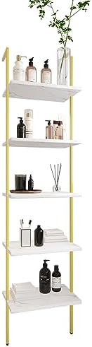 Wolawu Ladder Shelf 5 Tiers Metal Industrial Bookshelf,White Faux Marble Wood Tall Open Storage Rack and Display Shelves,Wall Mount Wide Book Case for Home Office Bedroom,Small