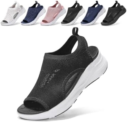 Womens Sandals Summer Orthopedic Arch Support Comfort Orthotic Walking Sandals Breathable Slip On Platform Shoes Black Casual Ladies Sandal for Beach