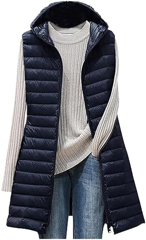 Womens Sleeveless Quilted Long Puffer Vest Hooded Full Zip Jacket Coats with Pockets