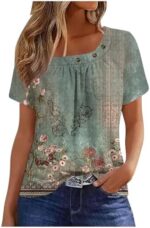 Womens Tops 2024 Summer Short Sleeve T Shirts Dressy Casual Button Decor Tops Trendy Floral Graphic Blouse Cute Boho Tees