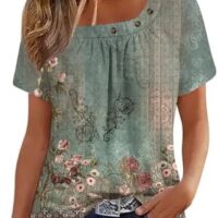 Womens Tops 2024 Summer Short Sleeve T Shirts Dressy Casual Button Decor Tops Trendy Floral Graphic Blouse Cute Boho Tees