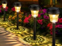 YUNJAYI Solar Lights Outdoor Waterproof Garden, 4 Pack Solar Garden Lights with Warm Light & RGB Color Changing, Auto On/Off LED Solar Pathway Lights for Patio Yard Path Walkway Garden Decor