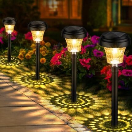 YUNJAYI Solar Lights Outdoor Waterproof Garden, 4 Pack Solar Garden Lights with Warm Light & RGB Color Changing, Auto On/Off LED Solar Pathway Lights for Patio Yard Path Walkway Garden Decor