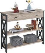 Yaheetech Console Table with Drawer for Entryway, Narrow Entry Table for Living Room with Drawer & Open Storage Shelves, Industrial Wood Hallway Sofa Table with Stable Metal Support, Gray