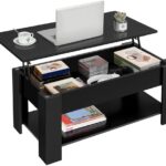 Yaheetech Lift Top Coffee Table with Hidden Compartment and Storage Shelf, Rising Tabletop Dining Table for Living Room Reception Room, 98cm L, Black