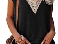 isermeo Womens Cap Sleeve Summer Tops Trendy Tank Tops Lace V Neck Loose Fit Shirts S-XXL