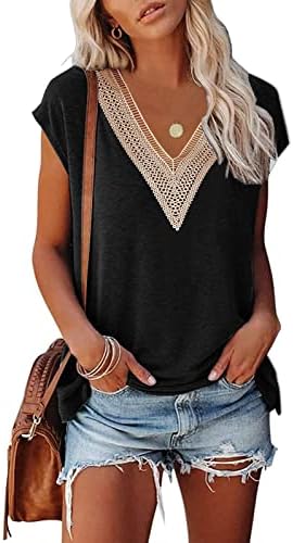 isermeo Womens Cap Sleeve Summer Tops Trendy Tank Tops Lace V Neck Loose Fit Shirts S-XXL