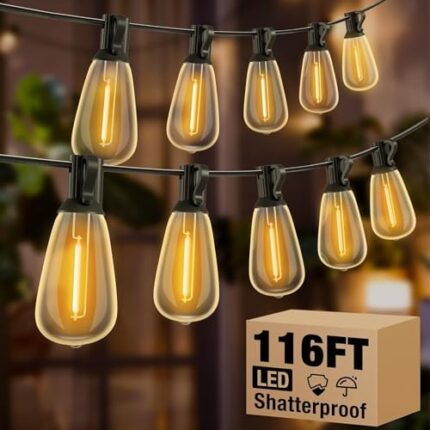 litogo 116FT Patio Lights String Outdoor Waterproof - Long LED String Lights with 38+2 Shatterproof Edison Bulbs, Dimmable Outside Hanging Light for Backyard Fence Patry Bistro Xmas - Warm White