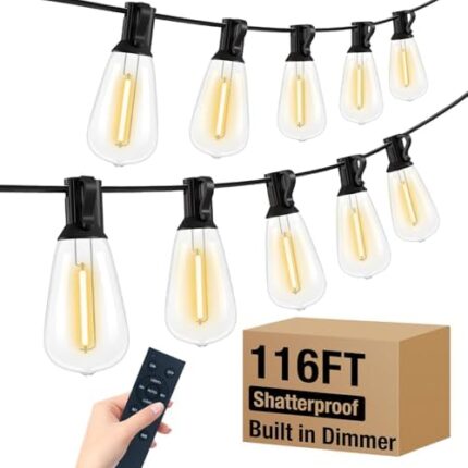 litogo Outdoor String Lights Waterproof, 116FT Long Patio Lights with Shatterproof ST38 Edison Bulbs, Dimmable Outside Hanging Light with Remote for Porch, Garden, Backyard, Bistro, Gazebos, Fence