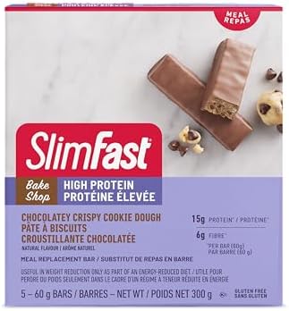 1 Box of Slimfast Bake Shop Meal Replacement Bars, with 15g of Protein & 5g Fiber, 5 - 60g Bars per Box = 5 Bars Total; Chocolatey Crispy Cookie Dough Bar