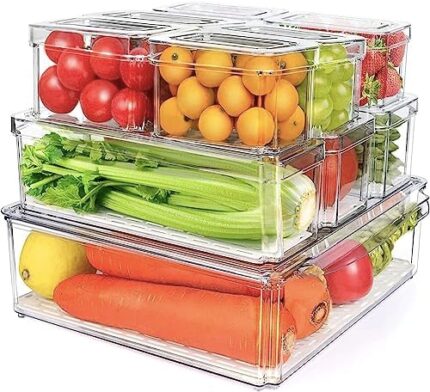 10 Pack Fridge Organizers and Storage,Stackable Refrigerator Organizer Bins with Lids, BPA-Free Refrigerator Pantry Organizer Bins, for Kitchen, Drinks, Fruits, Vegetable, Cereals(with Drain Tray)